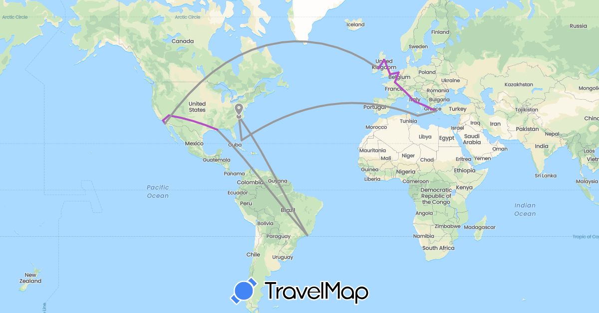TravelMap itinerary: driving, plane, train in Brazil, Bahamas, France, United Kingdom, Greece, Ireland, Italy, Malta, Netherlands, United States (Europe, North America, South America)